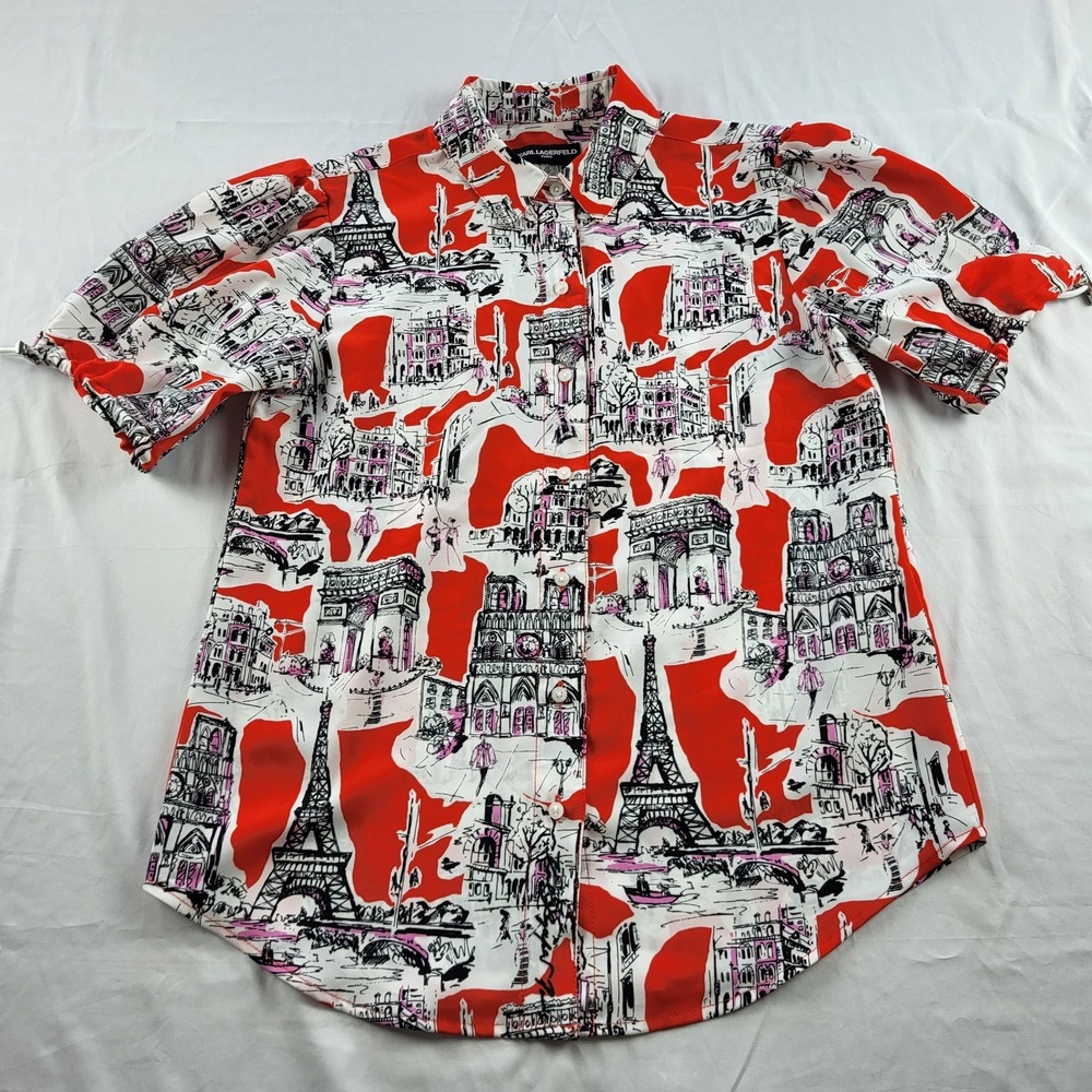 Karl Lagerfeld Paris Blouse Eiffel Tower Red Button Down Puff Sleeve NWOT XS